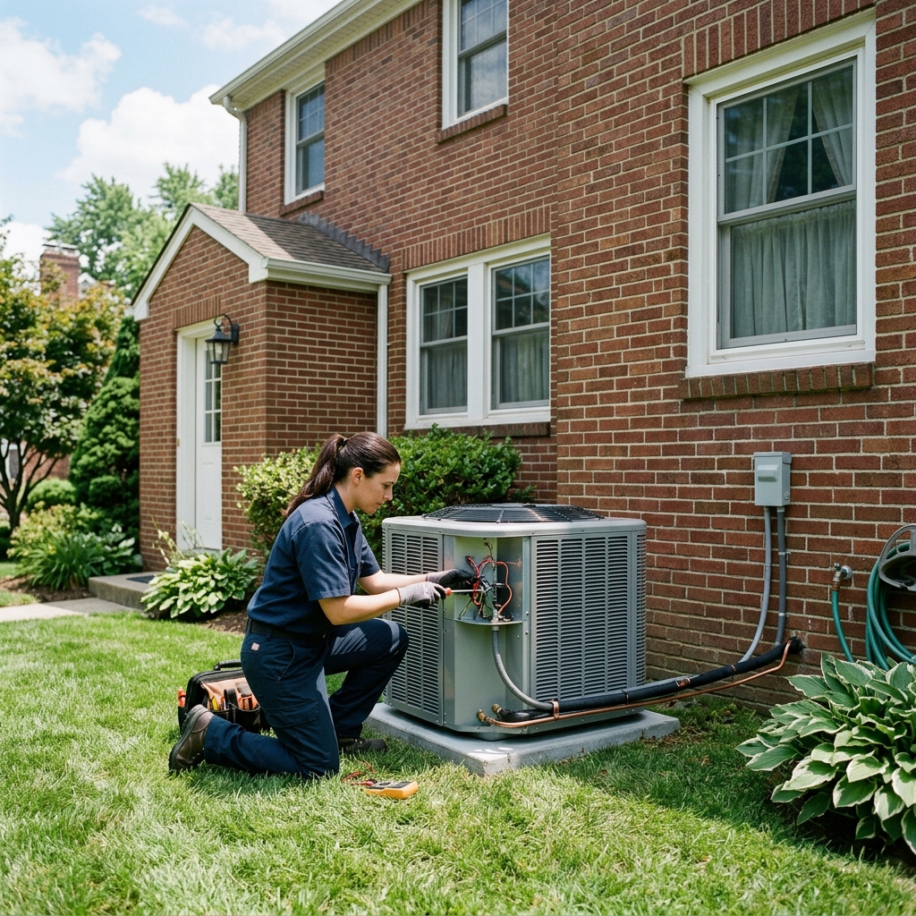 HVAC technician working on AC condenser unit beside American home