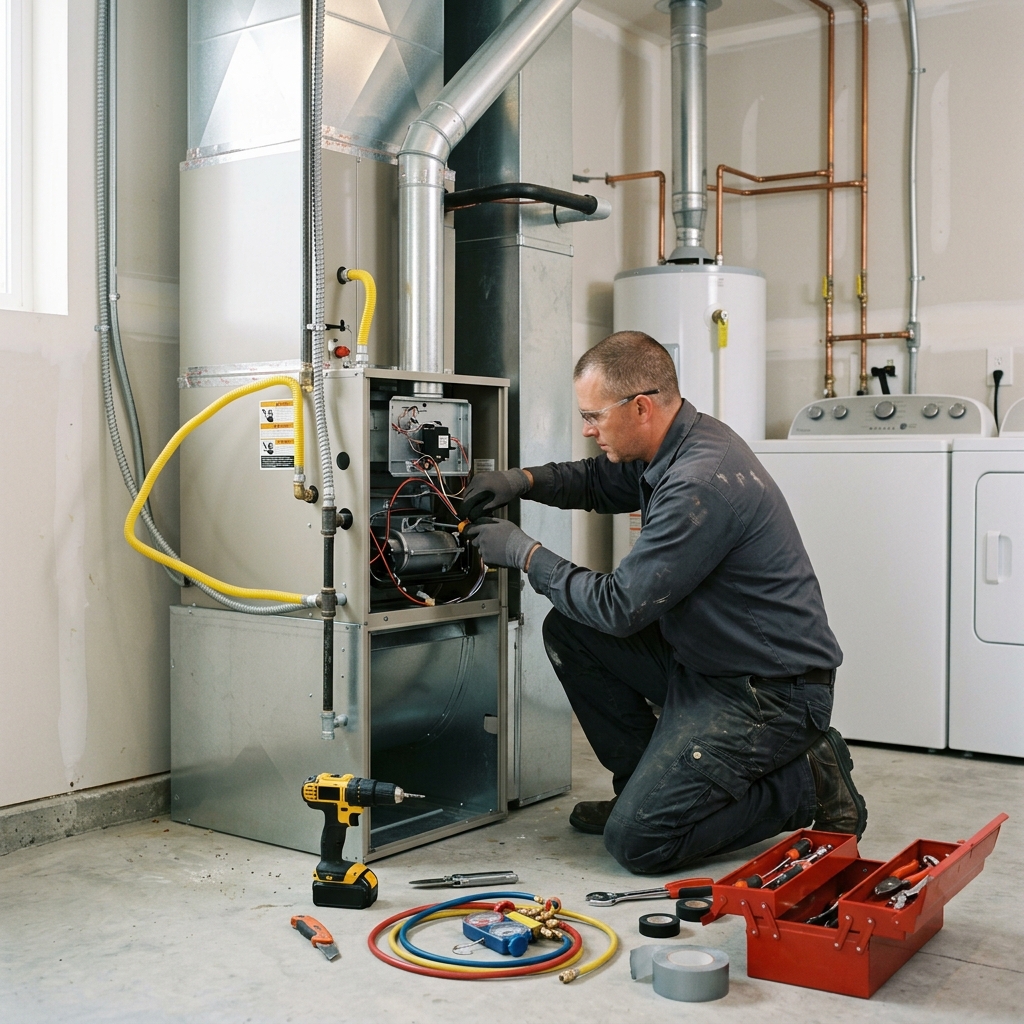 Technician installing furnace in residential utility room