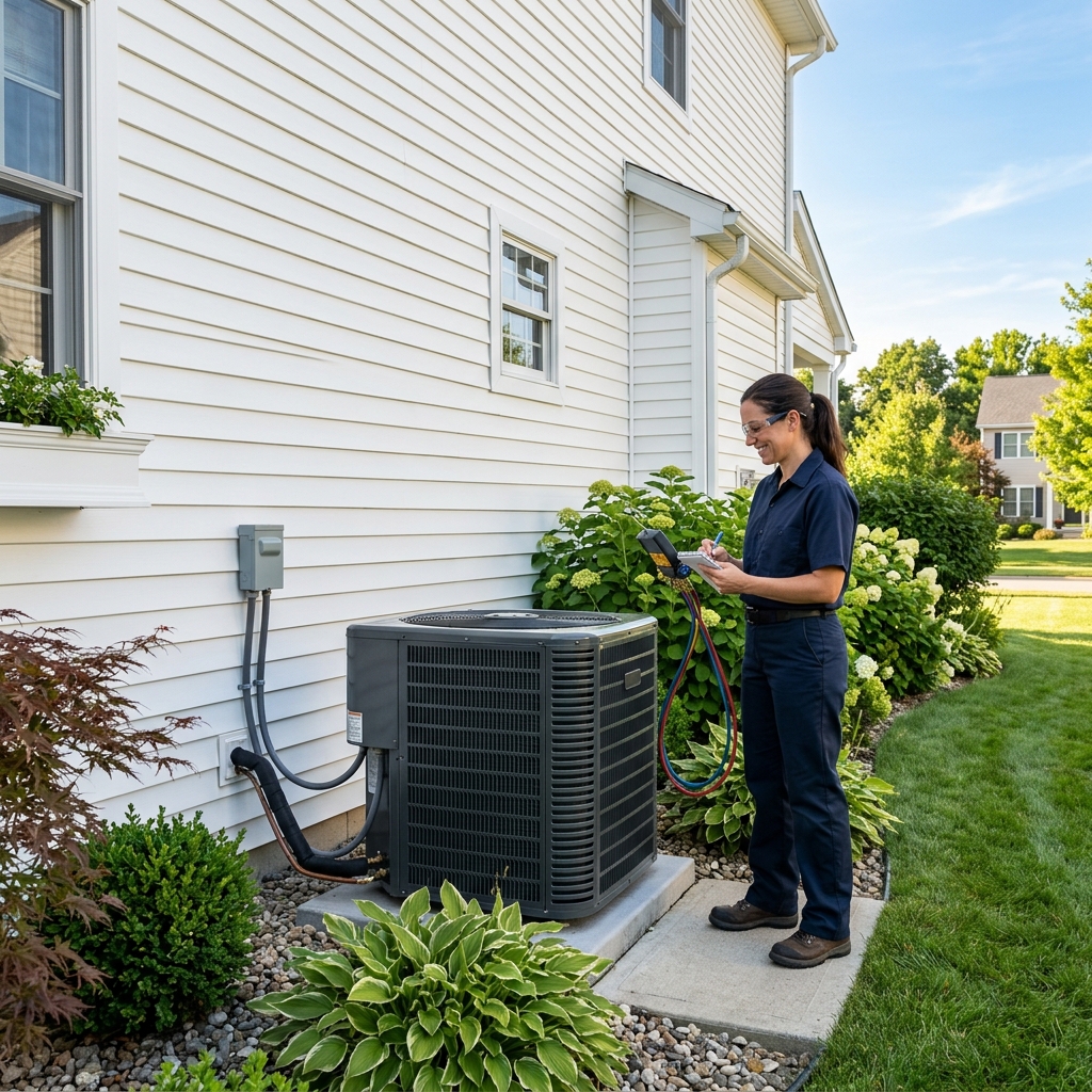 Technician beside heat pump unit outside vinyl-siding home