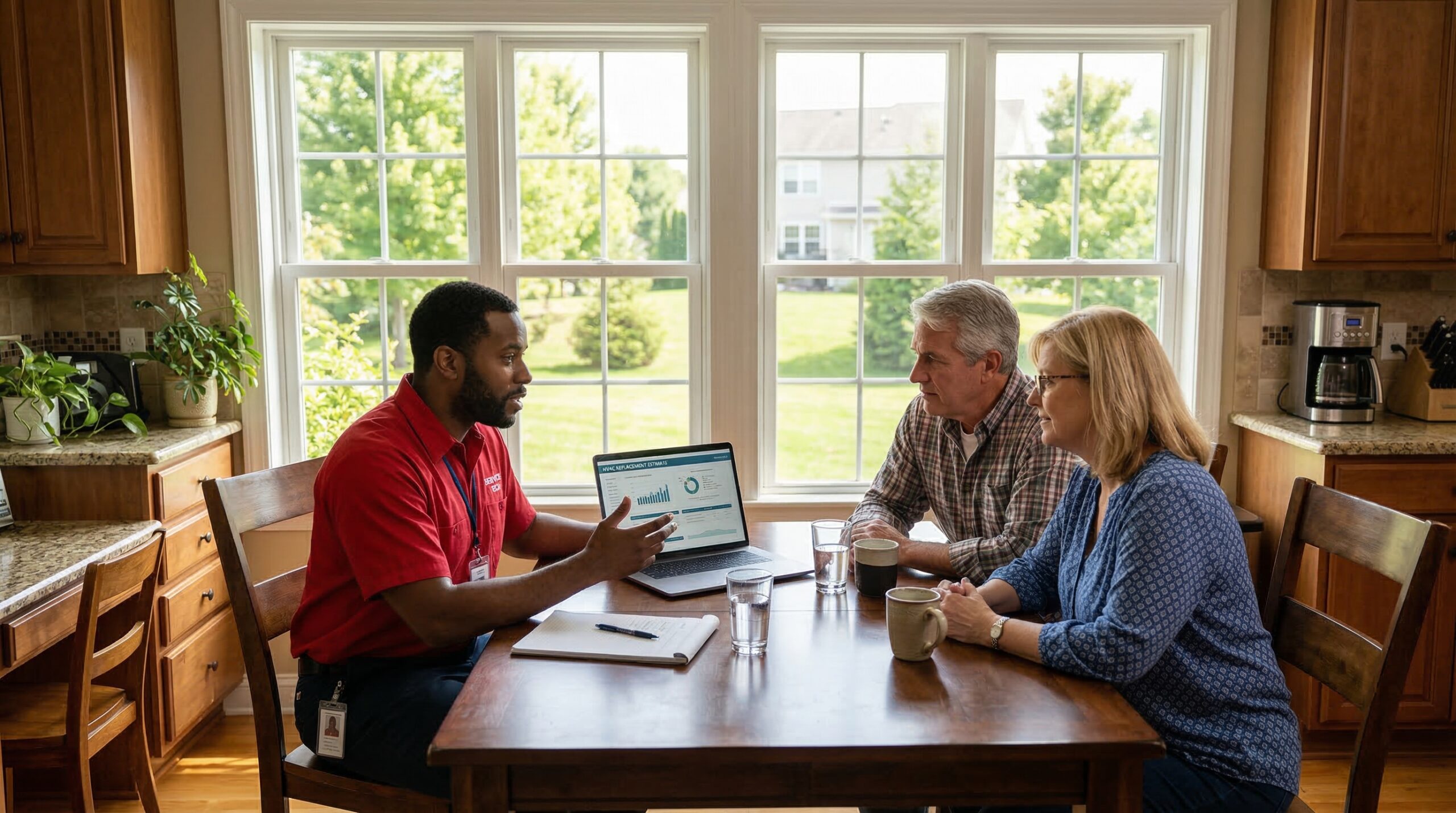 HVAC technician reviewing replacement estimate with homeowner couple at kitchen table